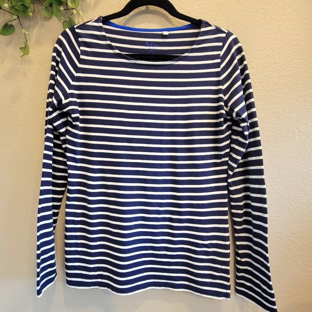 Boden | Long Sleeve Breton Top | Navy & White Stripes | Size 6